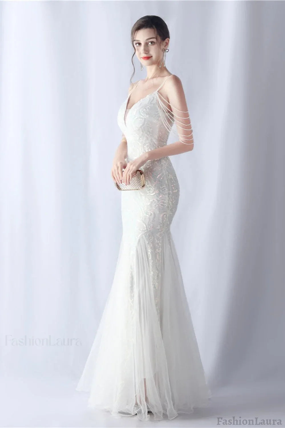 Beaded Mesh Cocktail Maxi Dress White / S