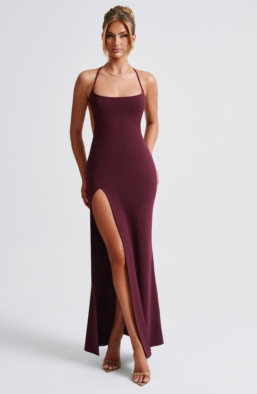 Scoop Neck Cami Strap High Thigh Split Bodycon Maxi Dress 5