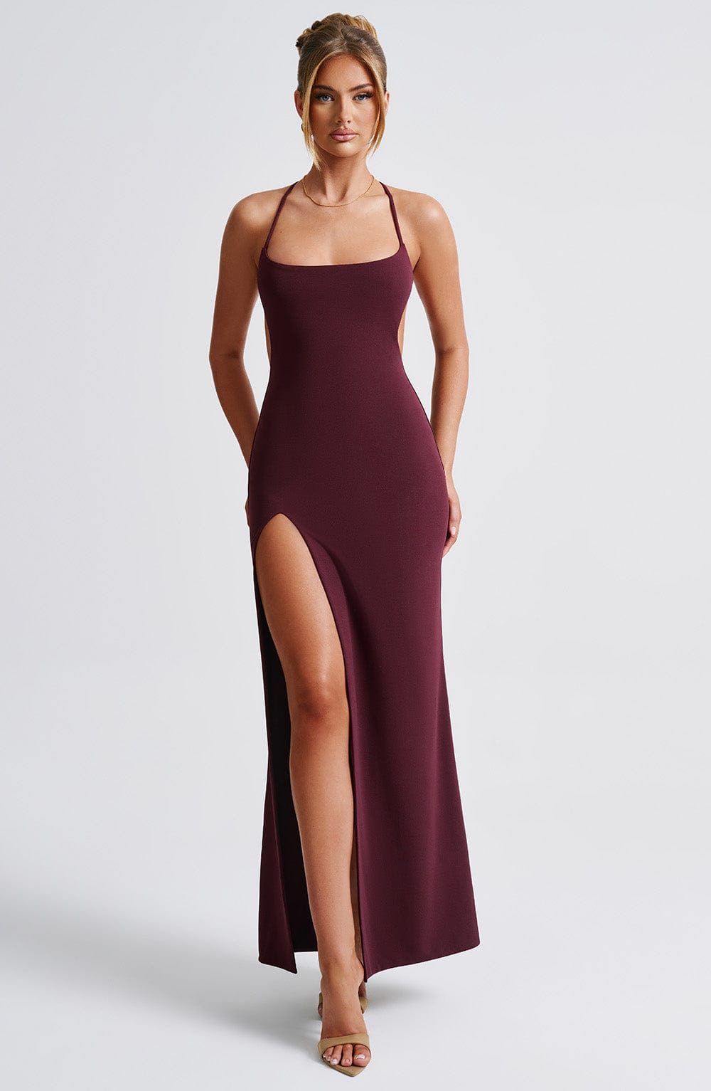 Scoop Neck Cami Strap High Thigh Split Bodycon Maxi Dress 9