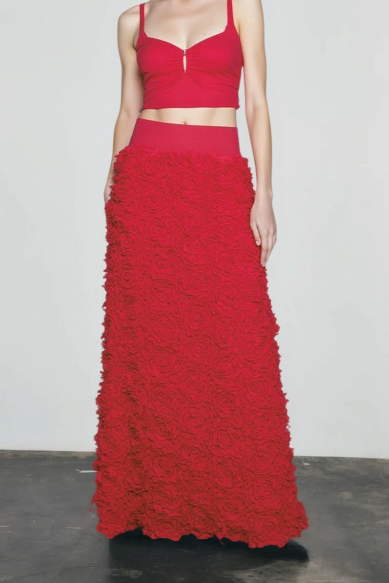 High Waist Rosette Floral Applique Textured Maxi Skirt