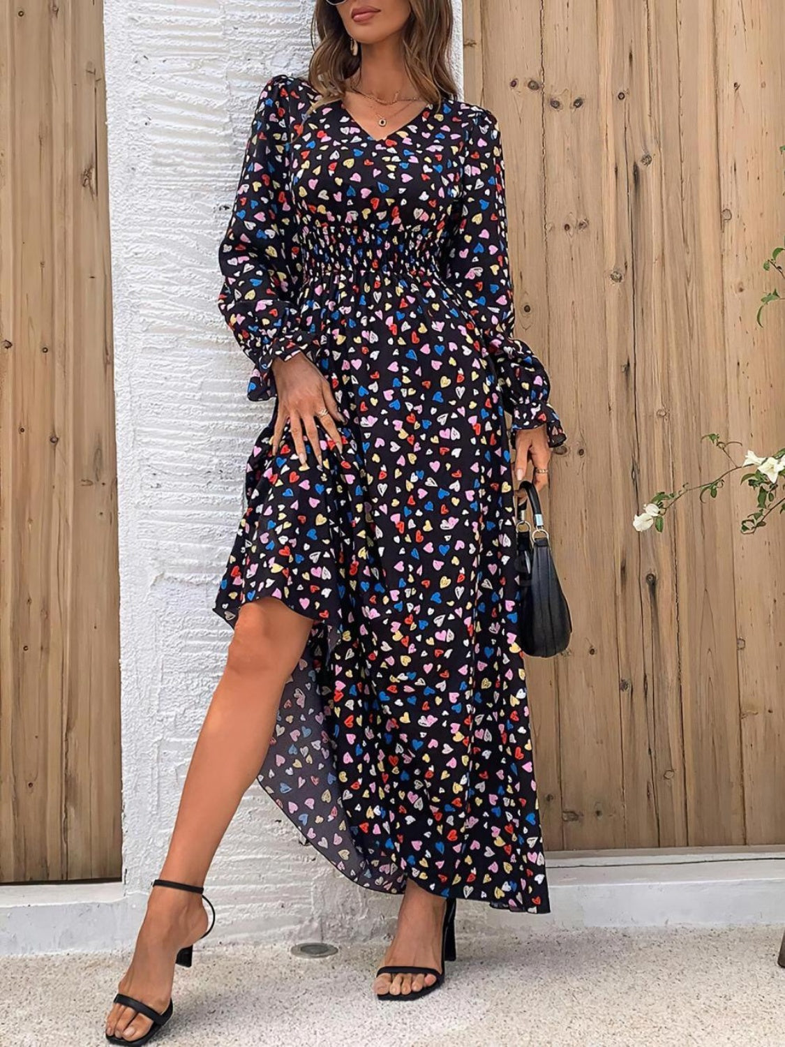 Estefanía Aesthetic Smocked Printed Dress with Flounced Sleeves and V Neck Boutique Collection