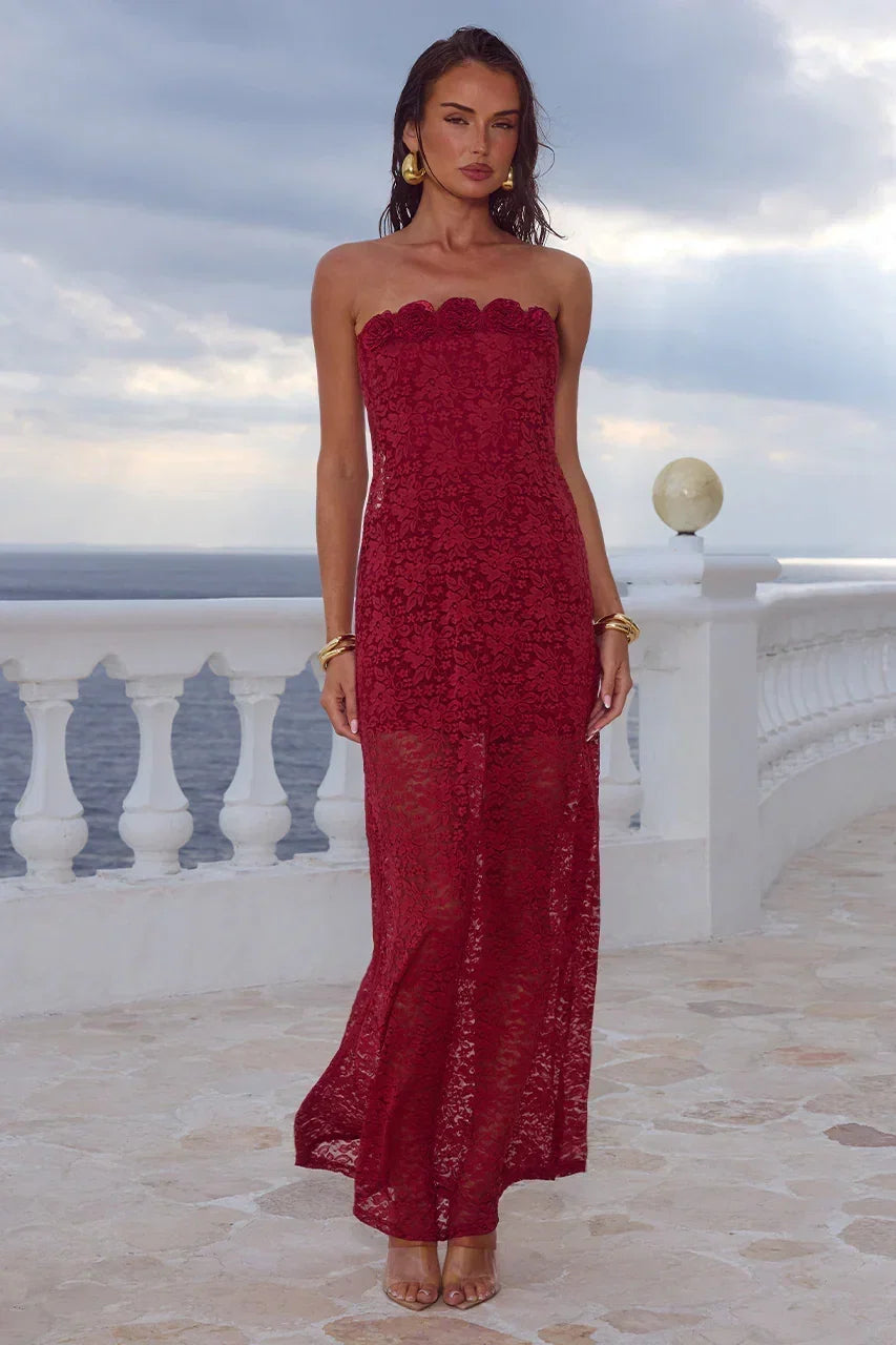 Floral Lace Strapless Scalloped Neckline Column Maxi Dress