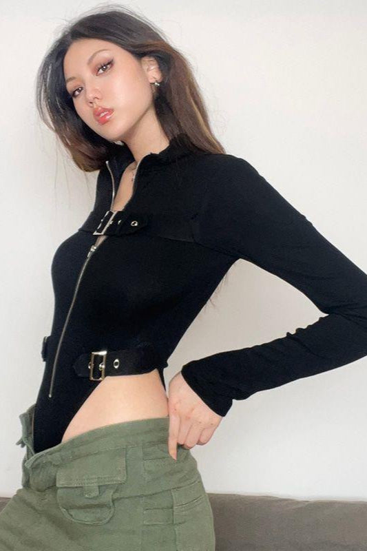 Techwear Metal Buckle Zipper High Waist Split Bodysuit