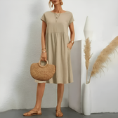 Crew Neck Cap Sleeve Pocket Midi Dress Summer 6