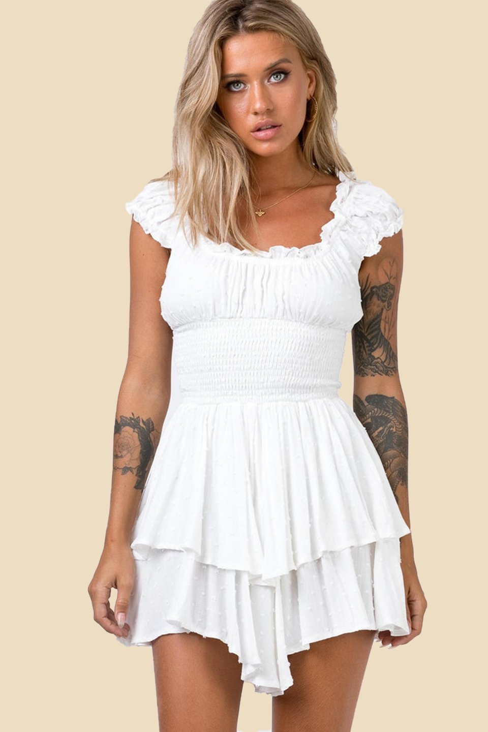 Ruffle Cap Sleeve Smocked Tiered Mini Dress Summer 4
