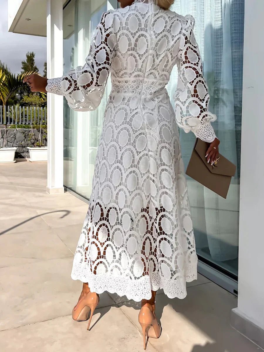 Guipure Lace Oval Cutout Mock Neck Balloon Sleeve Waistband A-Line Midi Dress