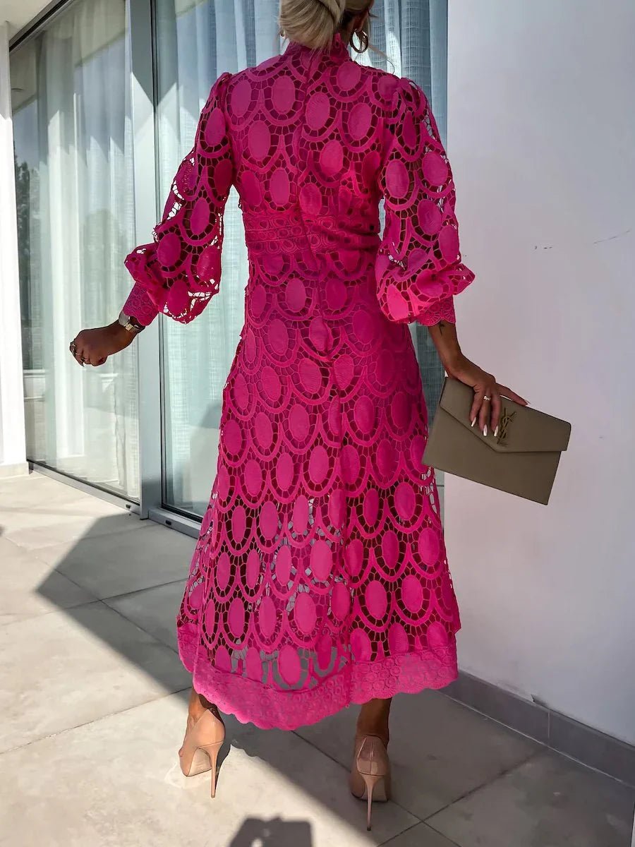Guipure Lace Oval Cutout Mock Neck Balloon Sleeve Waistband A-Line Midi Dress