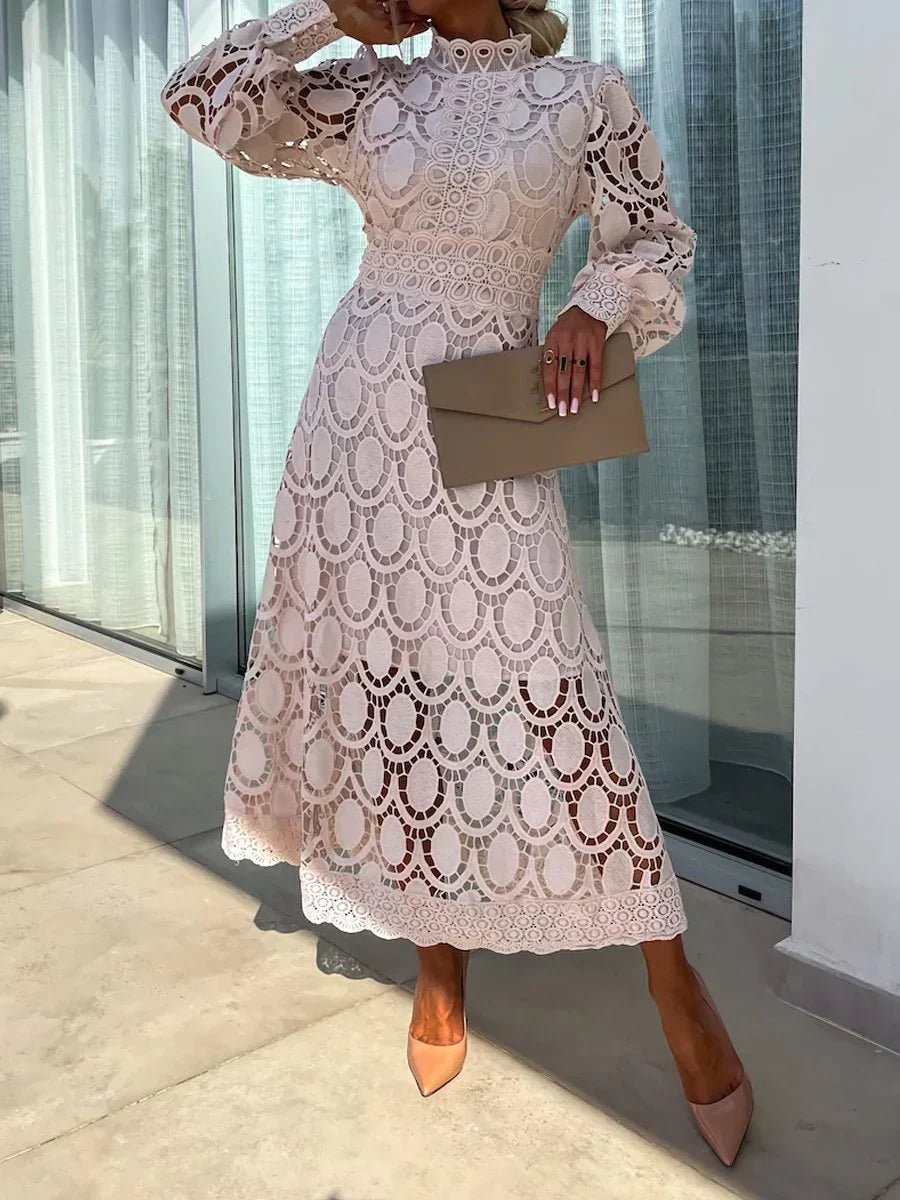 Guipure Lace Oval Cutout Mock Neck Balloon Sleeve Waistband A-Line Midi Dress