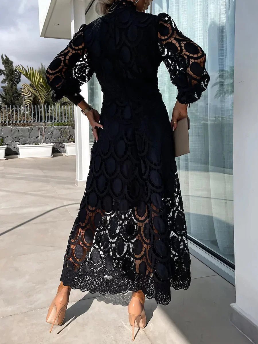 Guipure Lace Oval Cutout Mock Neck Balloon Sleeve Waistband A-Line Midi Dress