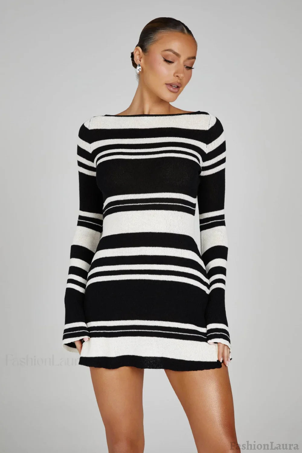 Bell Sleeve Color Block Stripe Knit Sweater Dress