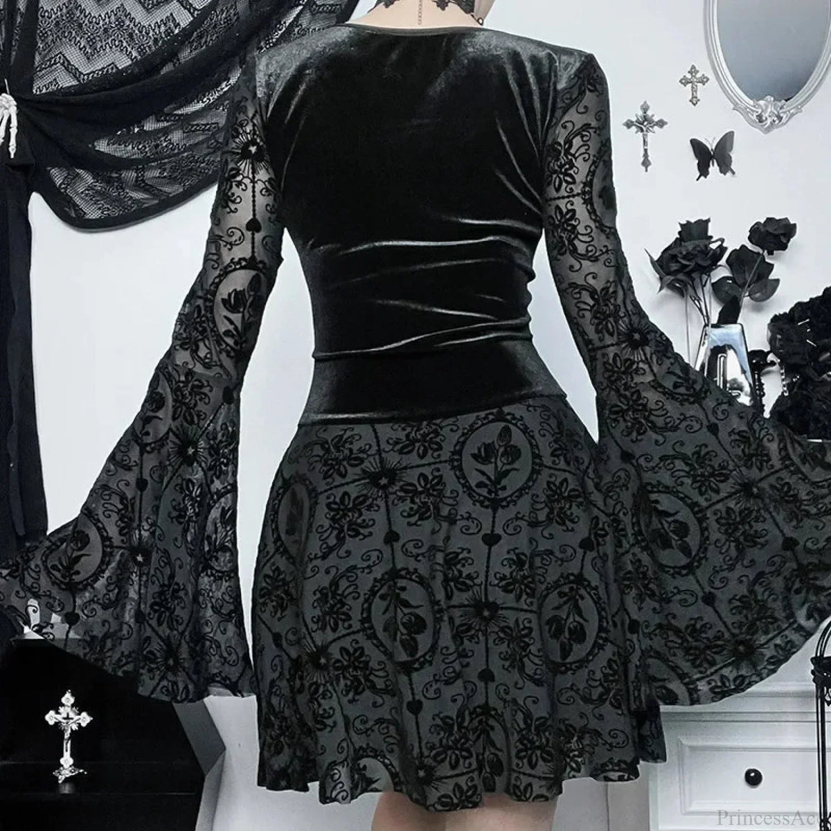 Velvet Lace Up Front Flocked Mesh Bell Sleeve Gothic Mini Dress 2