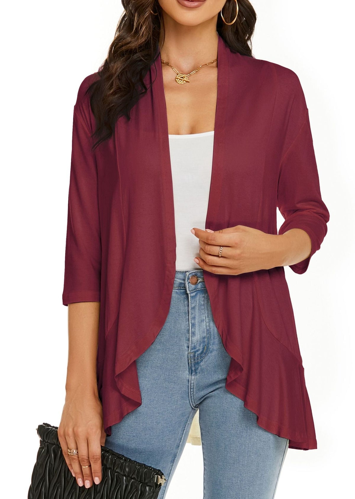 Open Front Draped Ruffle Hem Cardigan