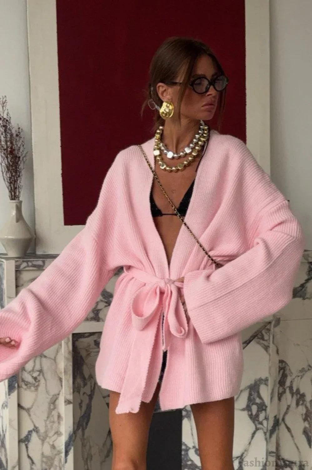 Belted Midi Cardigan S / Pink