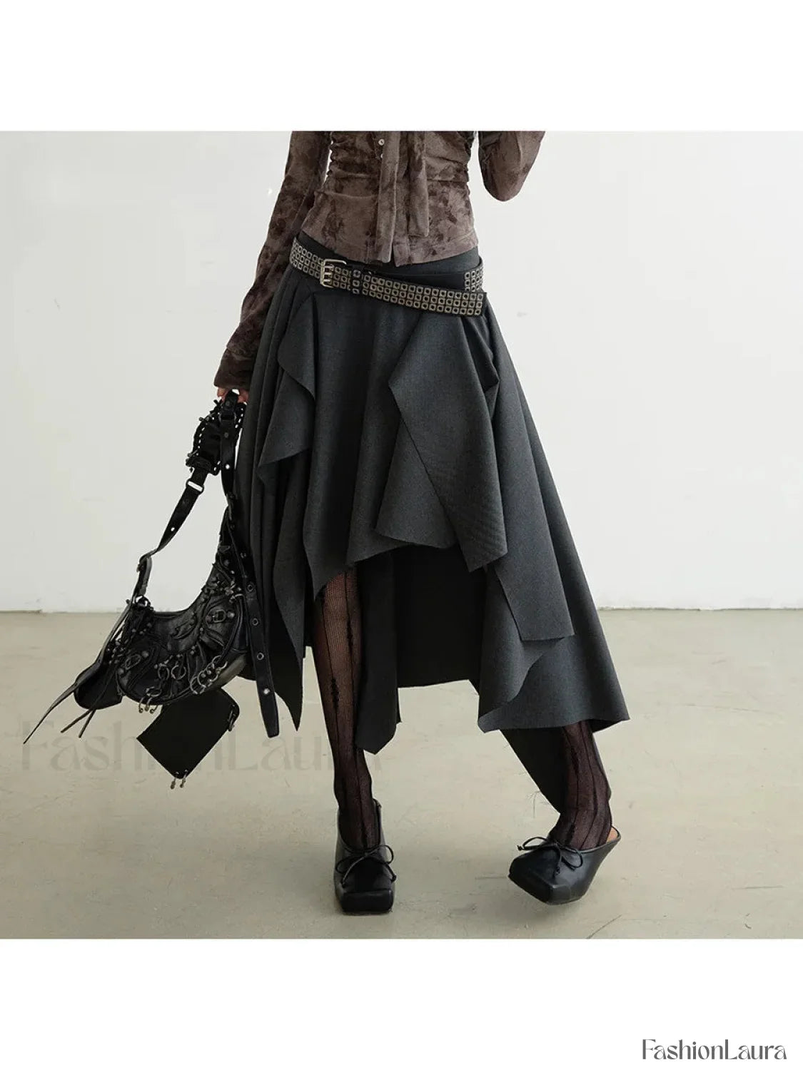Belted Patchwork Loose Elegant Skirt