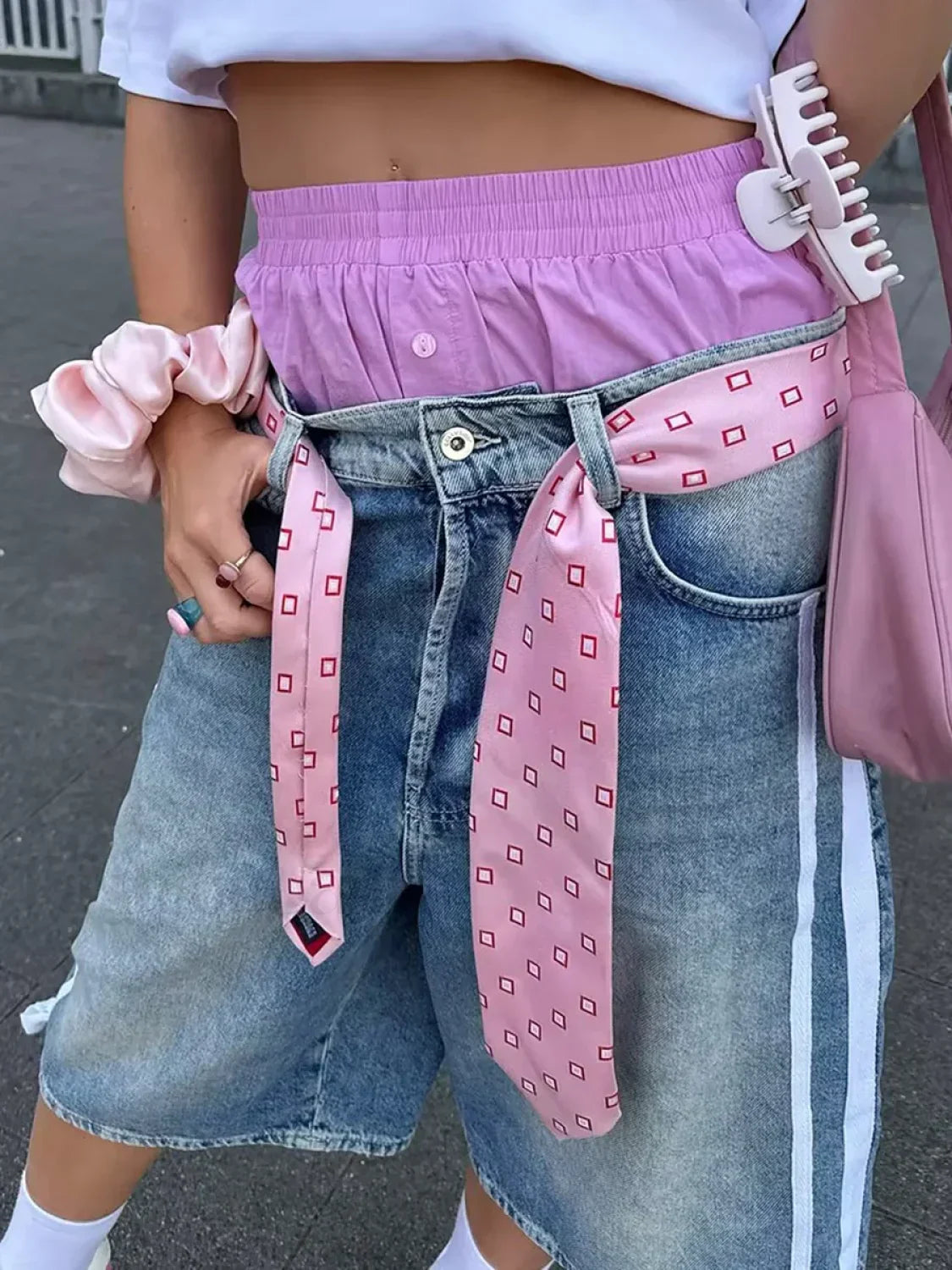 Bermuda Denim Mid Waist Side Stripes Print Wide Leg Short