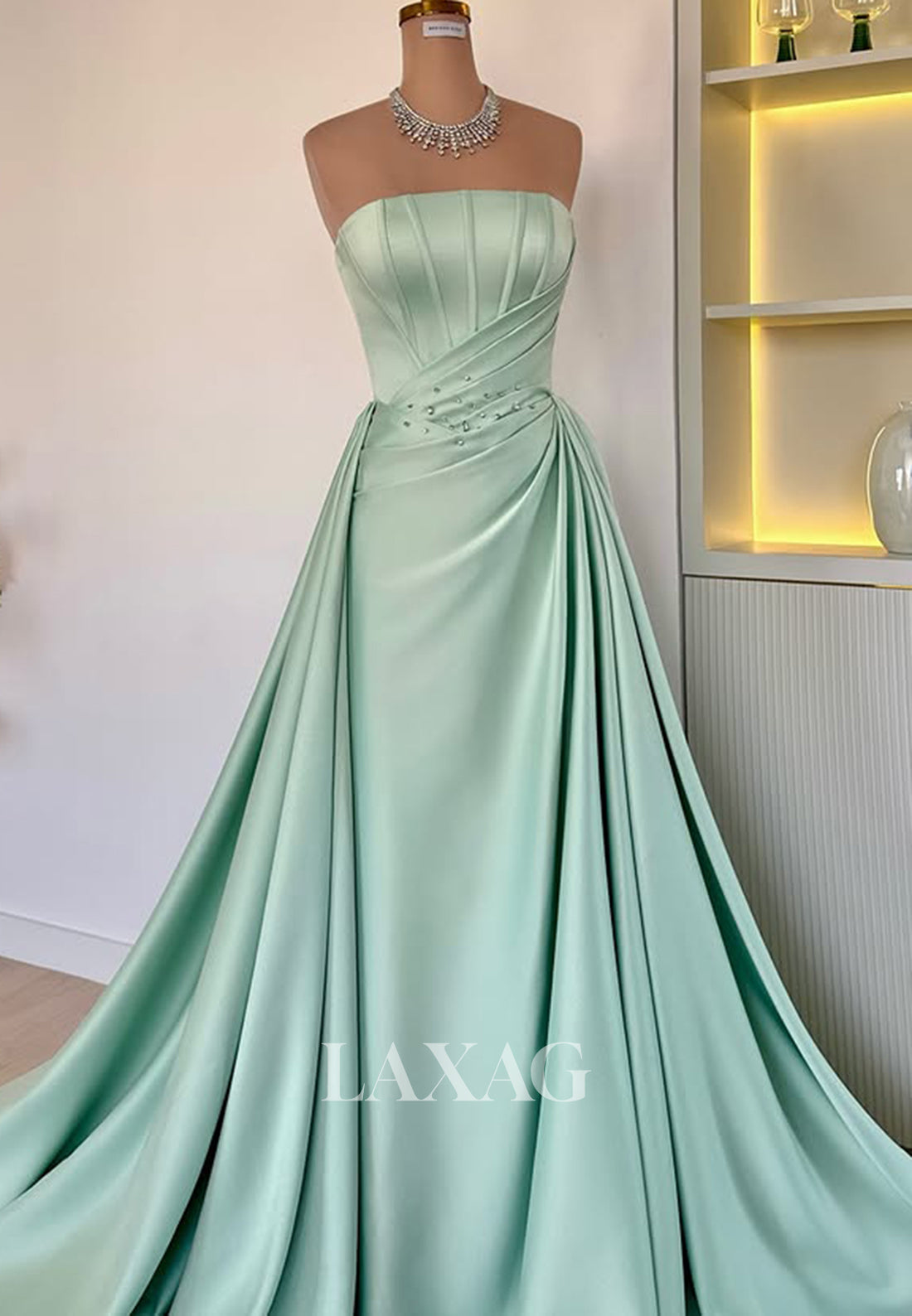 Tube Top Off-Shoulder Pleated Sweep Train Formal Gowns Sleeveless Beaded Satin A-Line Prom Dress