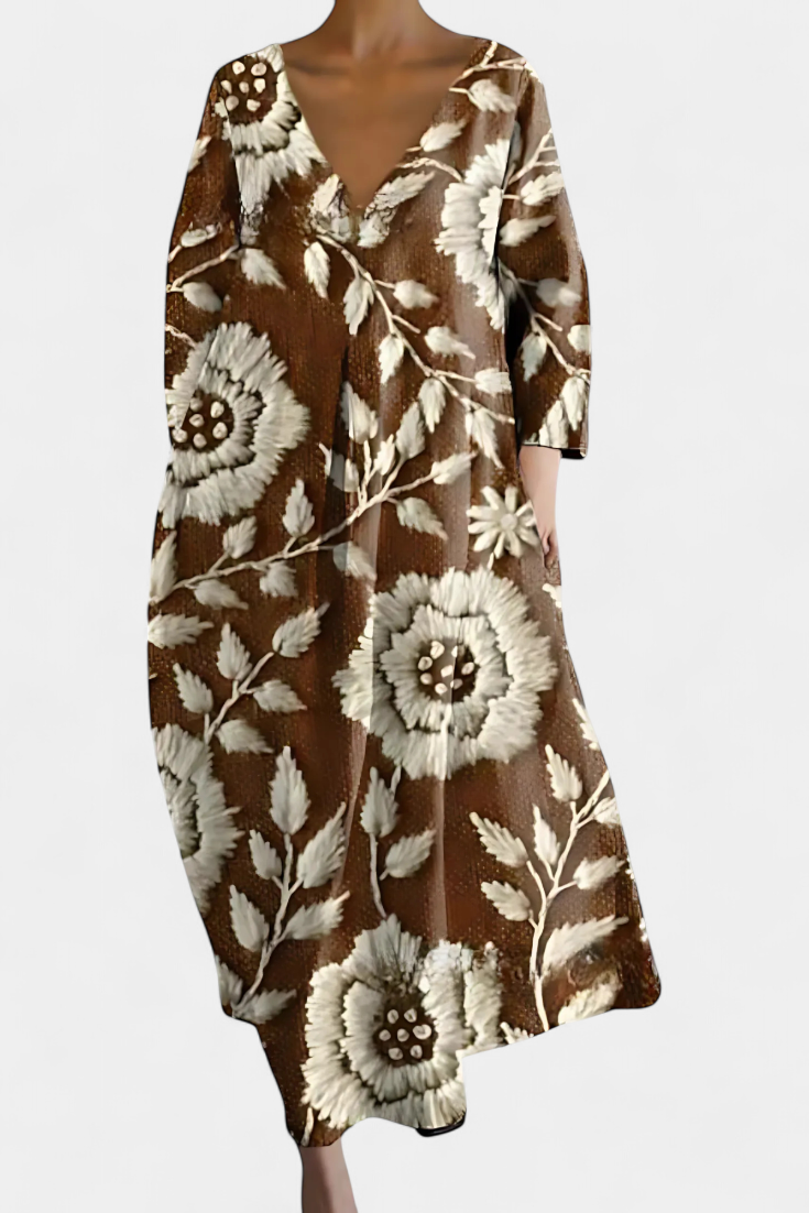 Abstract Print V-Neck Three Quarter Sleeve Oversized Maxi Dress