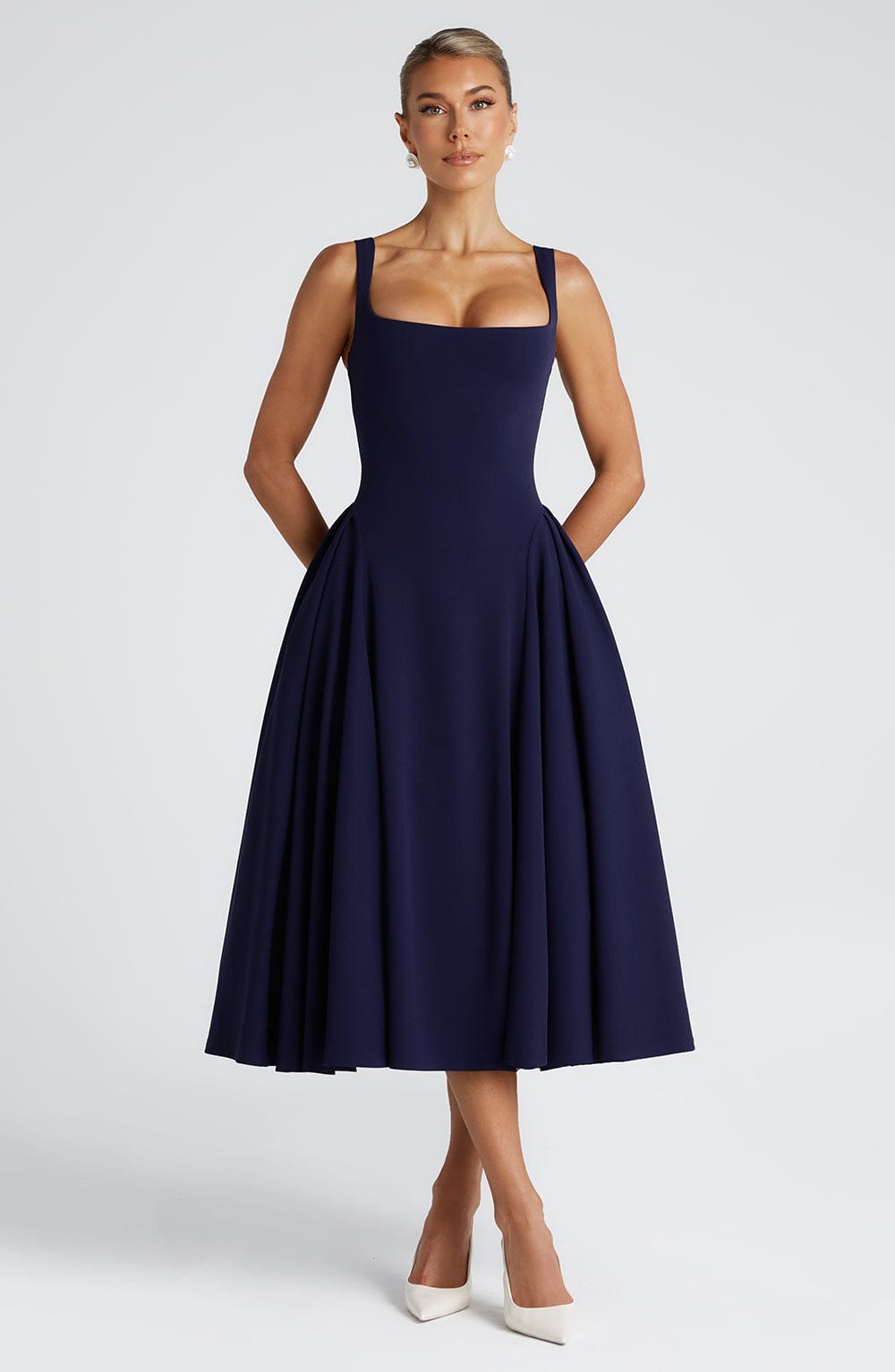 Square Neck Wide Strap Fitted Bodice Full Skirt Midi Dress 10