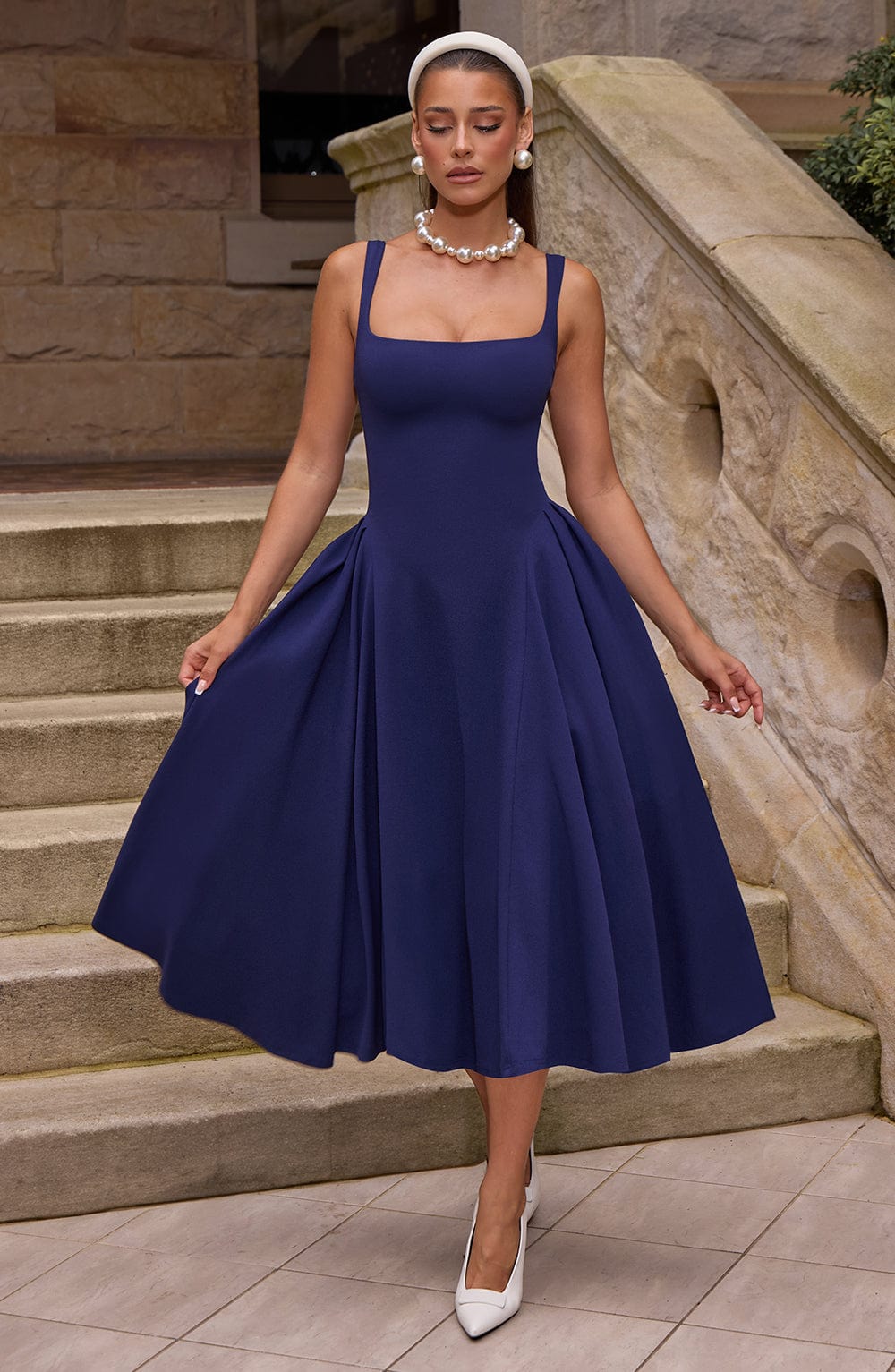 Square Neck Wide Strap Fitted Bodice Full Skirt Midi Dress
