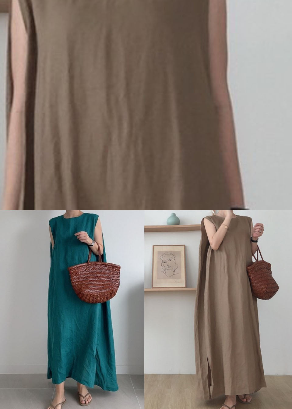 Round Neck Sleeveless Side Slit Oversized Linen Blend Maxi Dress