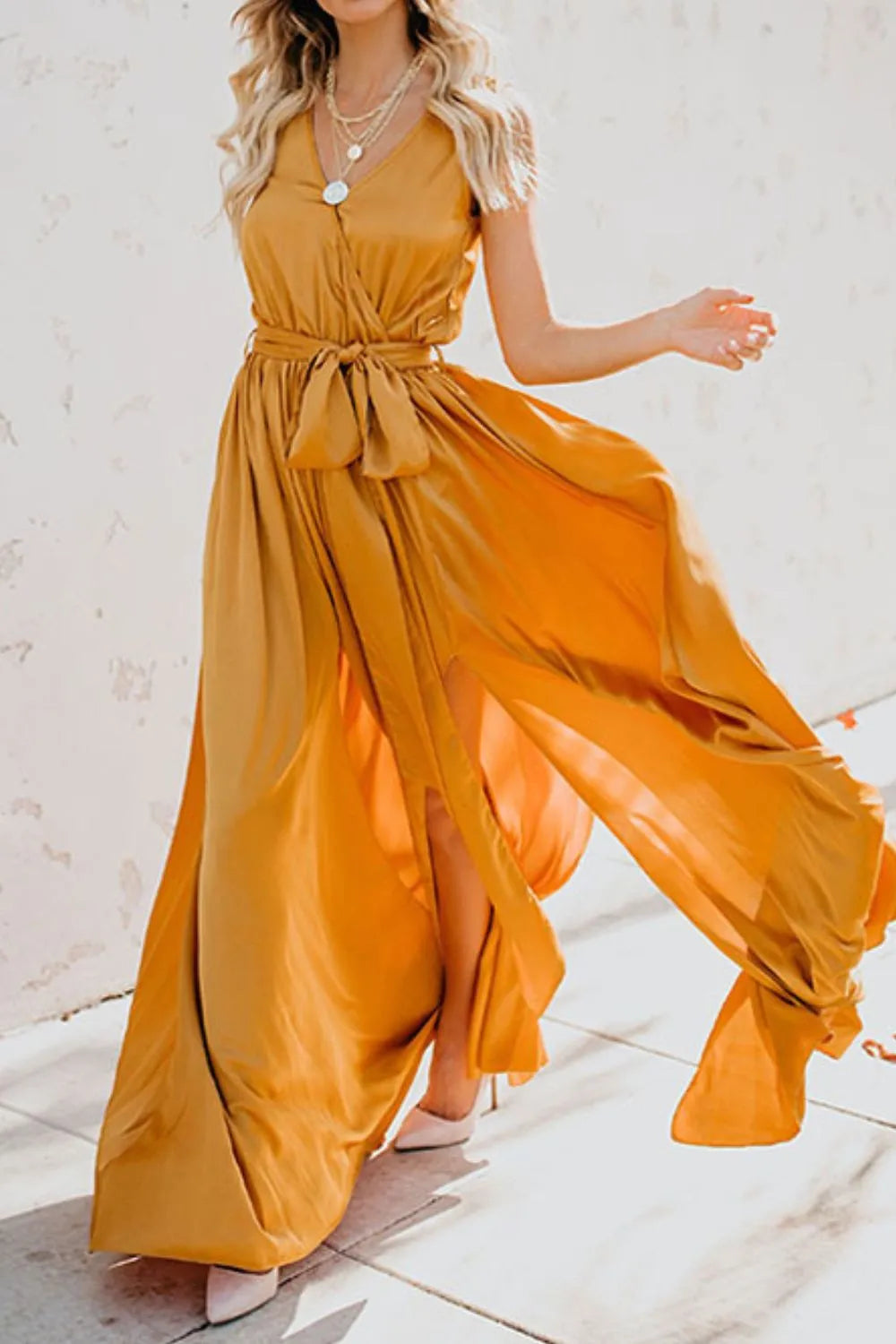 Satin Surplice V-Neck Sleeveless Tie Waist High Split Maxi Dress 4
