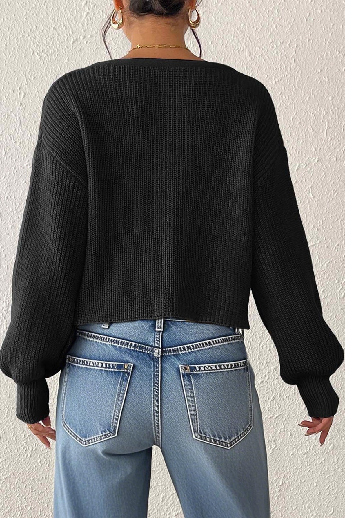 V-Neck Crochet Flower Button Front Ribbed Knit Cropped Cardigan 38