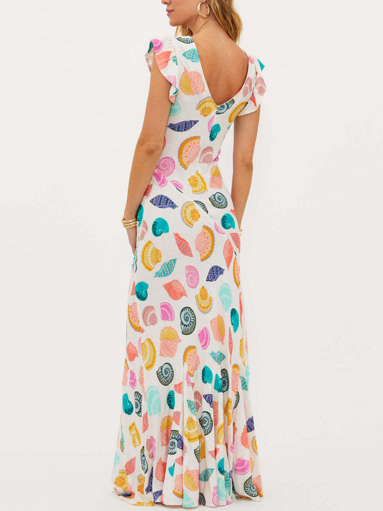 Exquisite Ocean Shell Print V Neck Maxi Dress