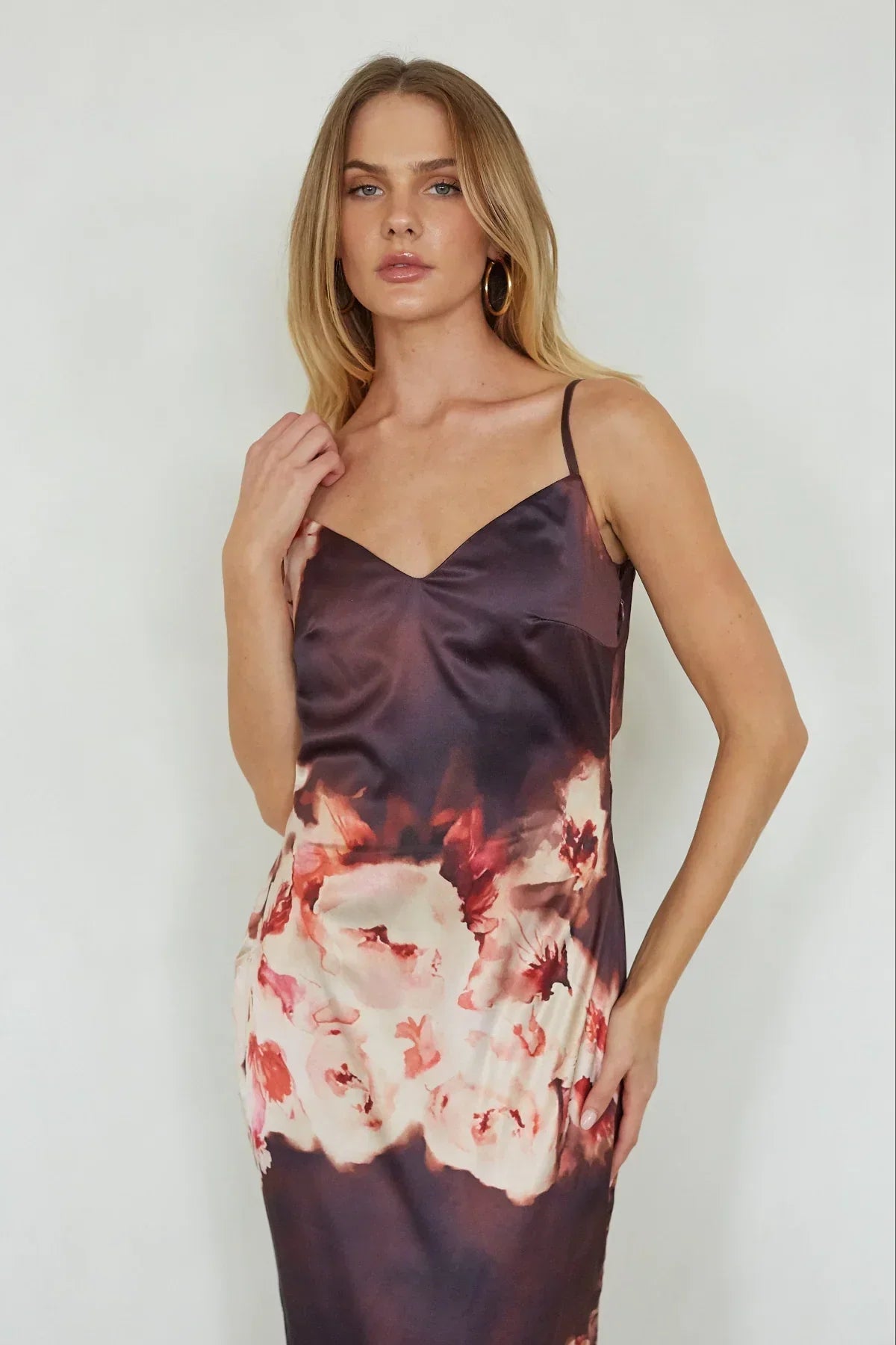 Satin Floral Print V-Neck Cami Bias Cut Maxi Dress 4