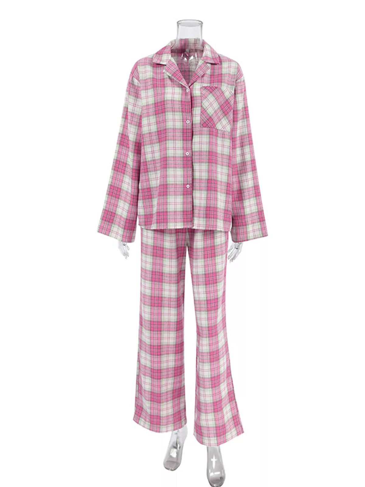 Plaid Long Sleeve Shirt and Elastic Waist Wide Leg Pants Two Piece Set 3