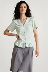 Linen Stripe V Neck Tie Waist Blouse