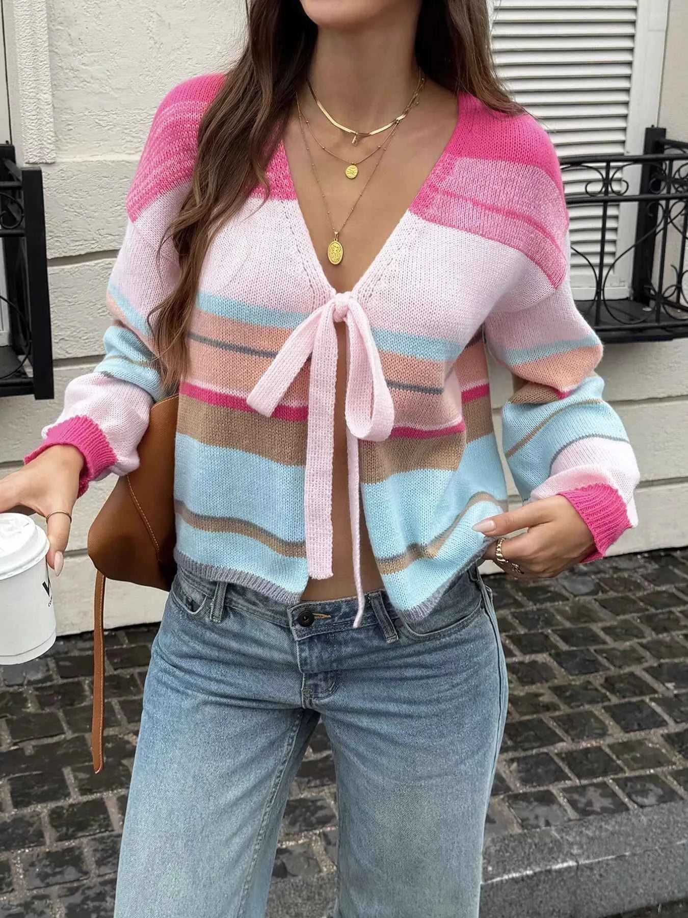 Striped Tie-Front Cardigan