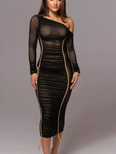 Diagonal Collar Draped Mesh Maxi Dress 3