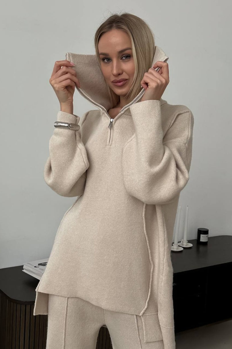 Half Zip Collared Knit Sweatshirt and Drawstring Pants Two Piece Set 2