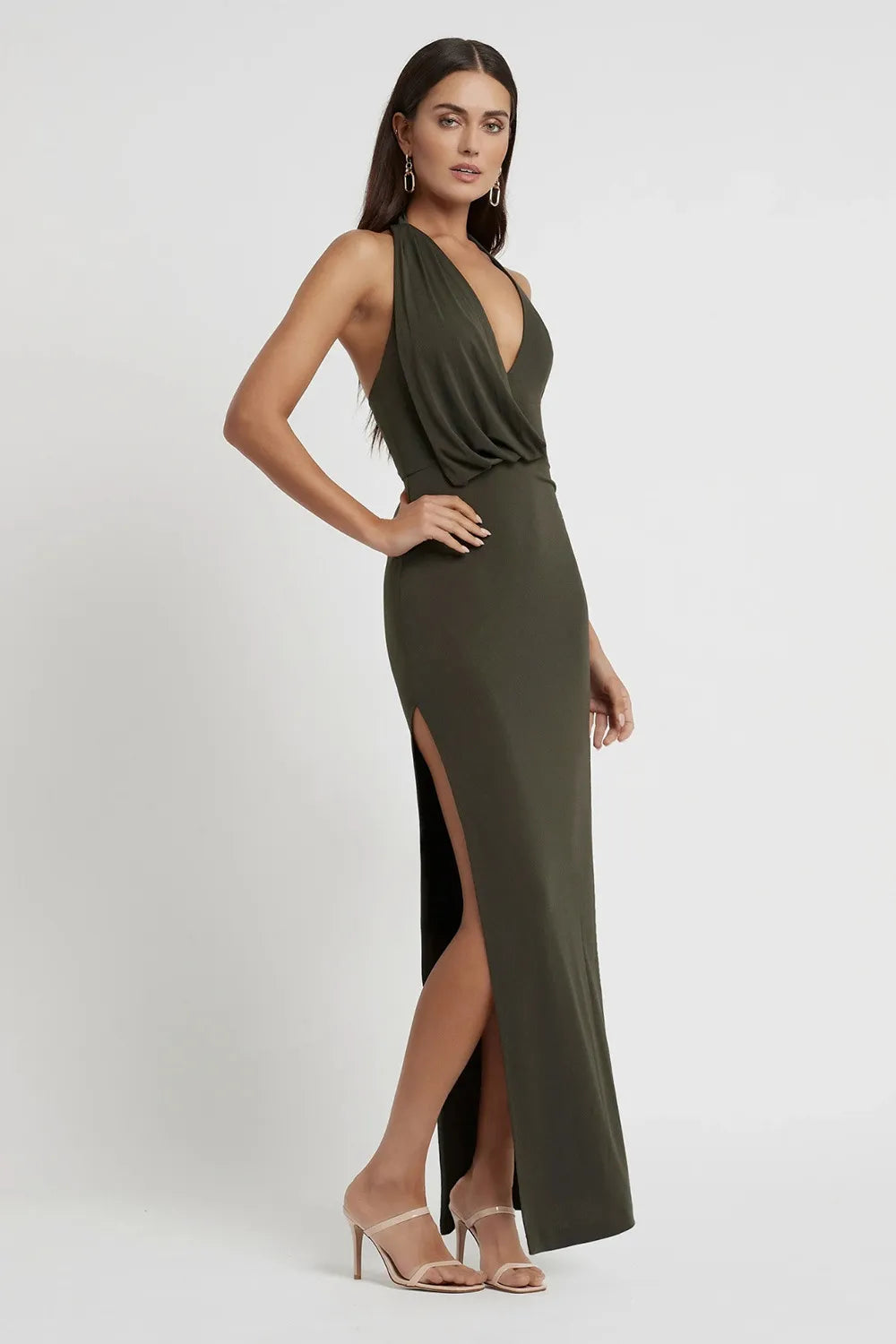 Draped Plunge Halter Neck Backless High Split Maxi Dress 2