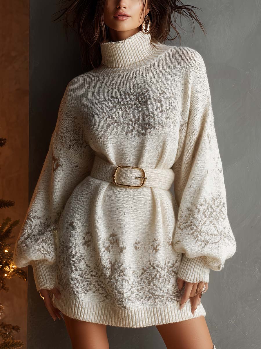 Snowflake Knit Sweater Dress With Belt - FashionAxe