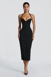 Solid Halter Neck Tie Back Midi Party Dress