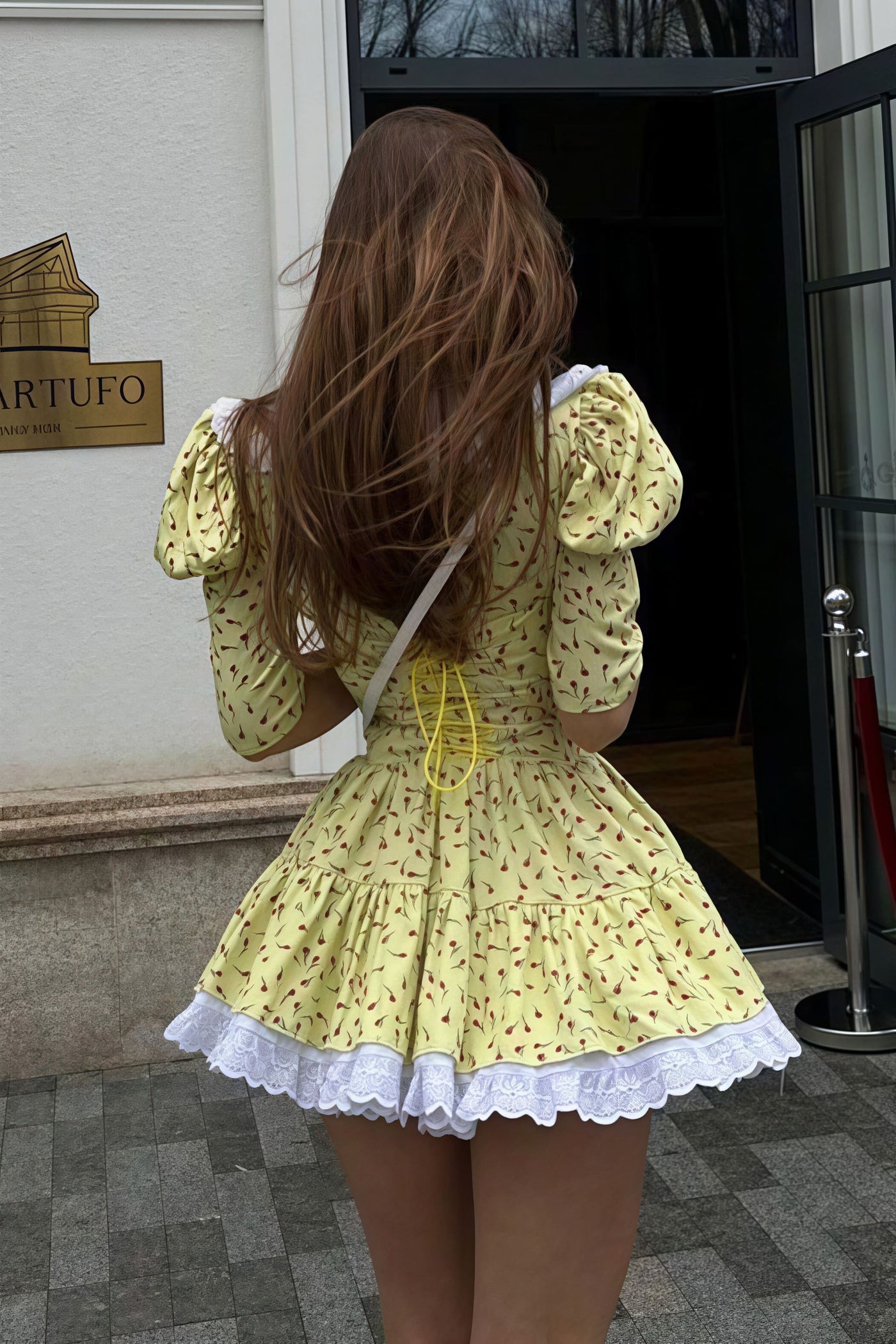 Floral Peter Pan Collar Short Sleeve Tiered Lace Trim Mini Dress 2