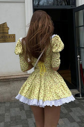 Floral Peter Pan Collar Short Sleeve Tiered Lace Trim Mini Dress 2