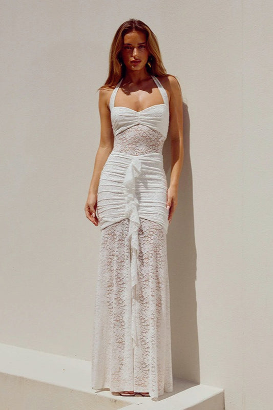Halter-Neck Lace Sheer Mesh Ruched Dress