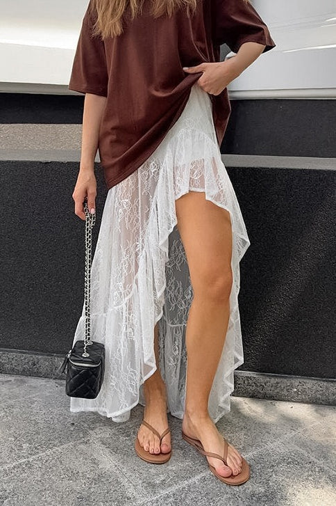 Elastic High Waist Sheer Lace Ruffle Trim High Split Maxi Skirt 3