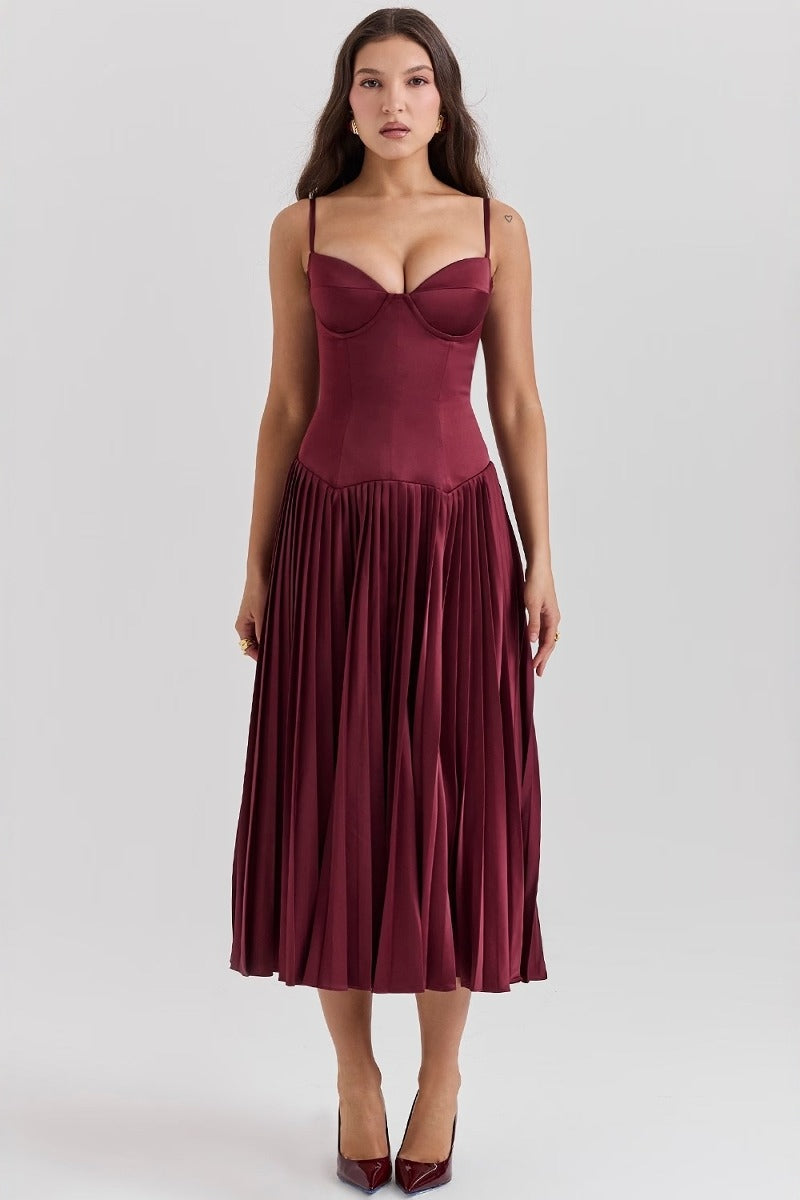 Spaghetti Strap Sweetheart Corset Knife Pleated Satin Midi Dress