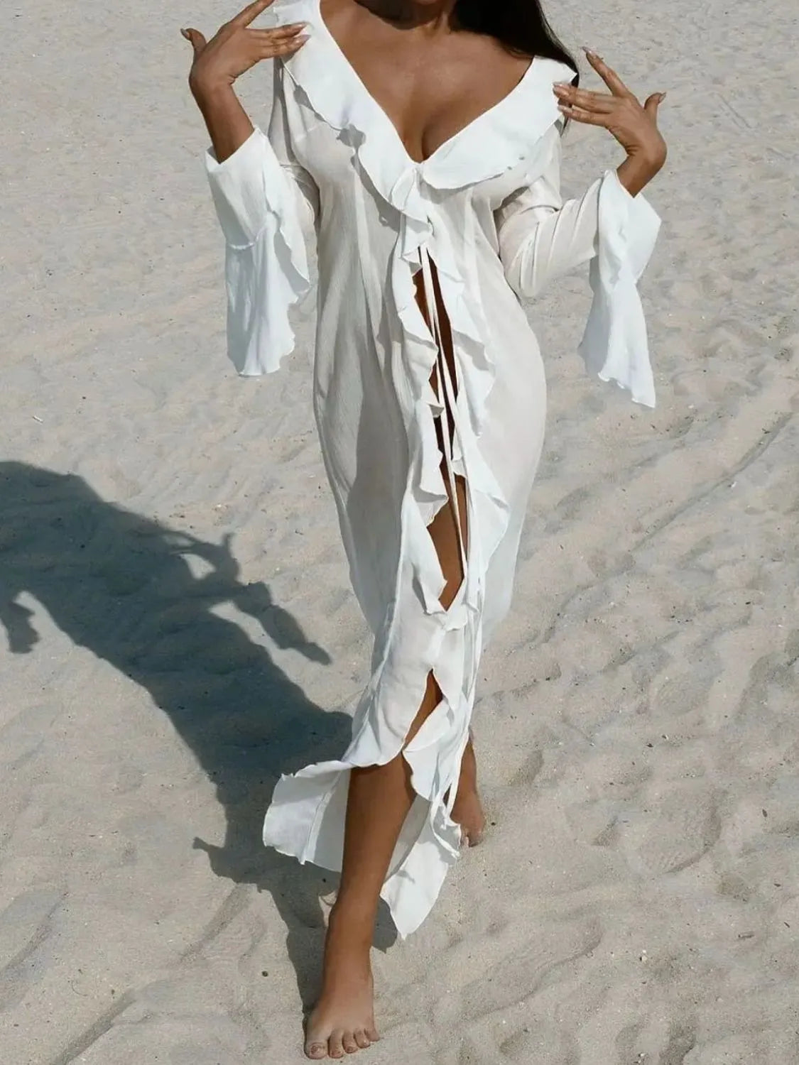 Ruffled Long Sleeve Cover-Up Dress White
