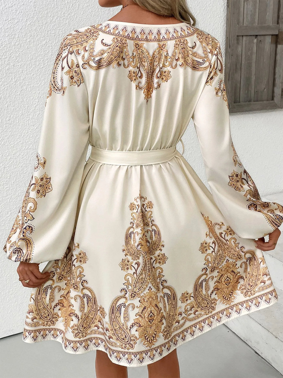 Paisley Print V-Neck Balloon Sleeve Tie Waist Mini Dress 6