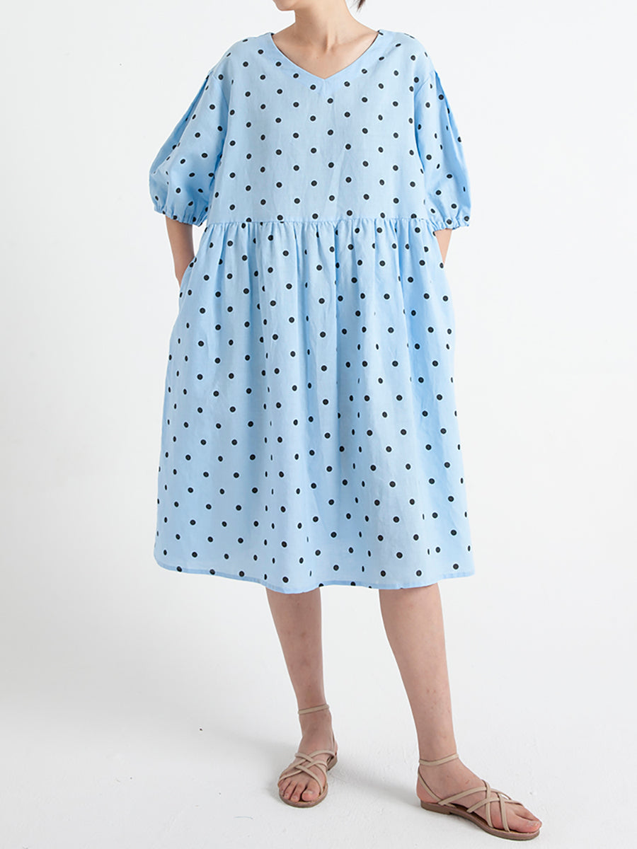 Polka Dot V-Neck Puff Sleeve Empire Waist Midi Dress