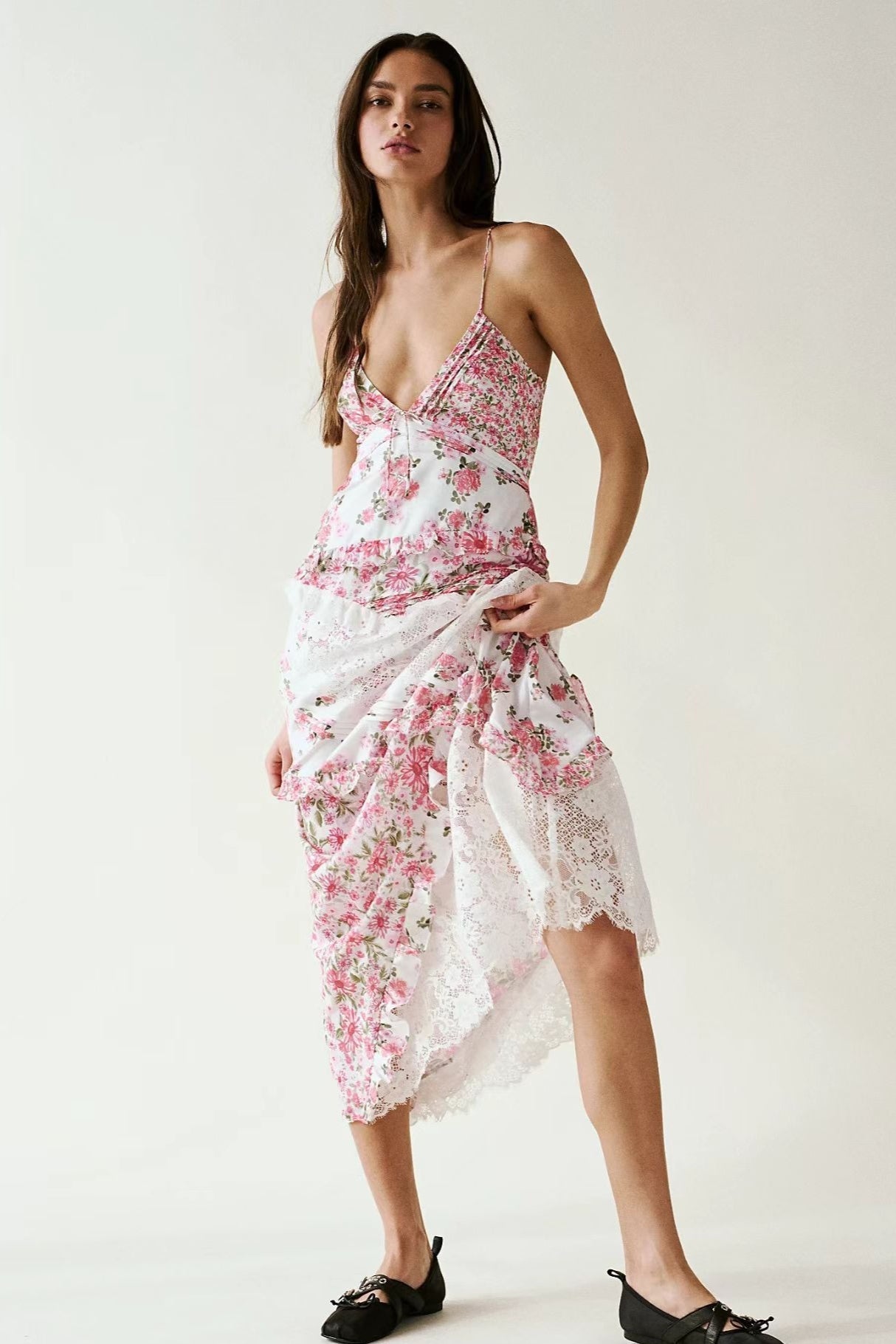 Floral Lace Deep V-Neck Spaghetti Strap Maxi Dress 9