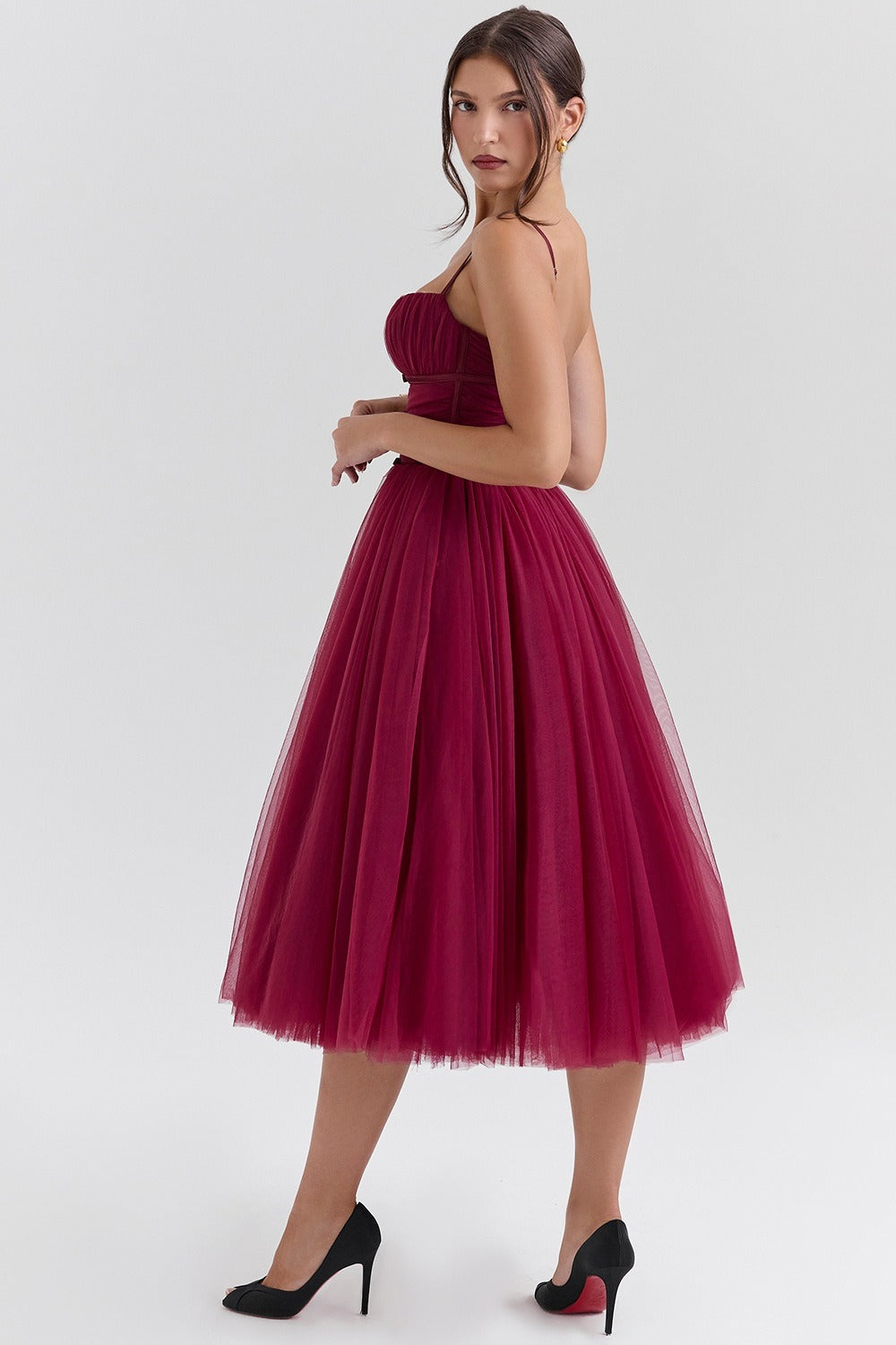 Tulle Sweetheart Spaghetti Strap Corset Fit and Flare Midi Dress