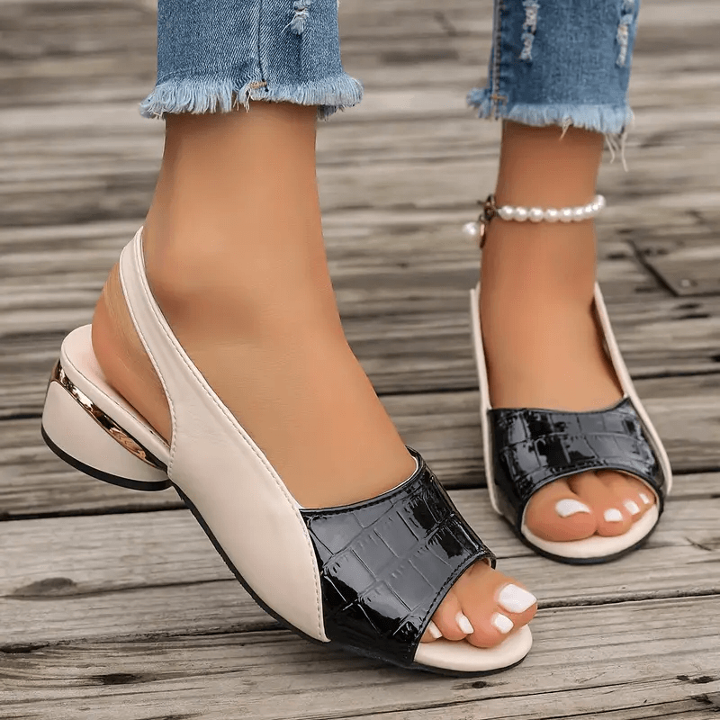 Open Toe Slingback Croc Embossed Block Heel Sandals