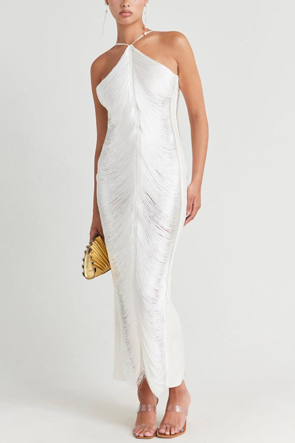 Metallic Fringe Halter Neck Backless Bodycon Maxi Dress 3