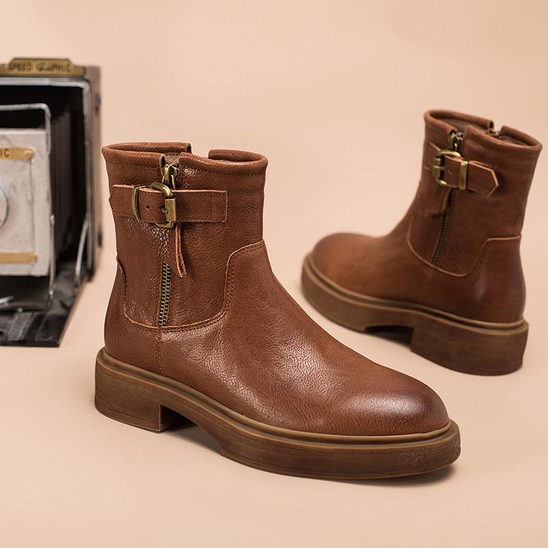 Full Grain Leather Short Boots Designer Retro Chunky Riding Boots Side Zip Buckle Boots Brown/Black