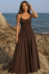 Solid Cotton Ruched Long Sleeveless Slip Dress